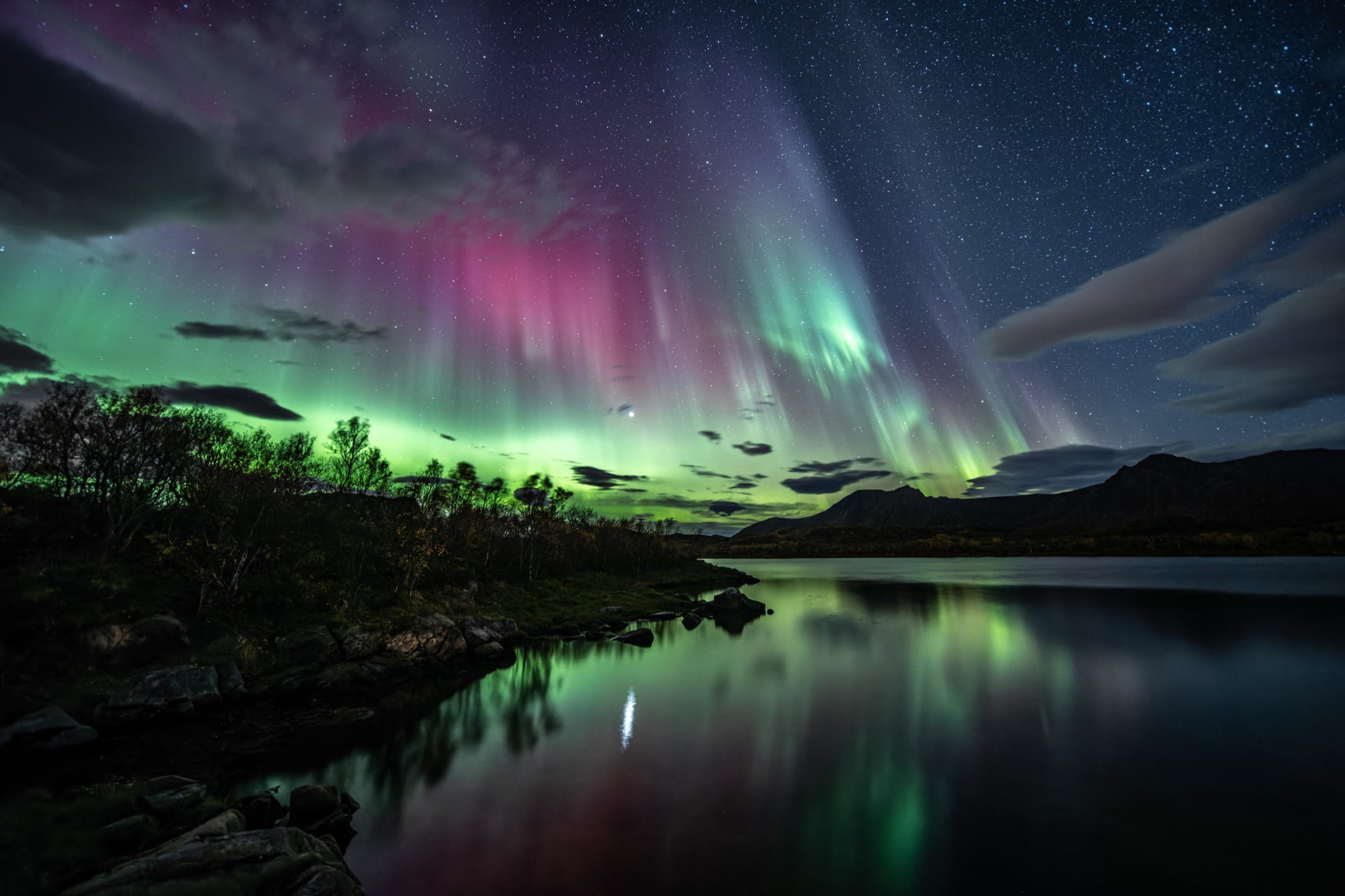 Pink and green aurora curtains filling the sky over a still lake, Vesterålen