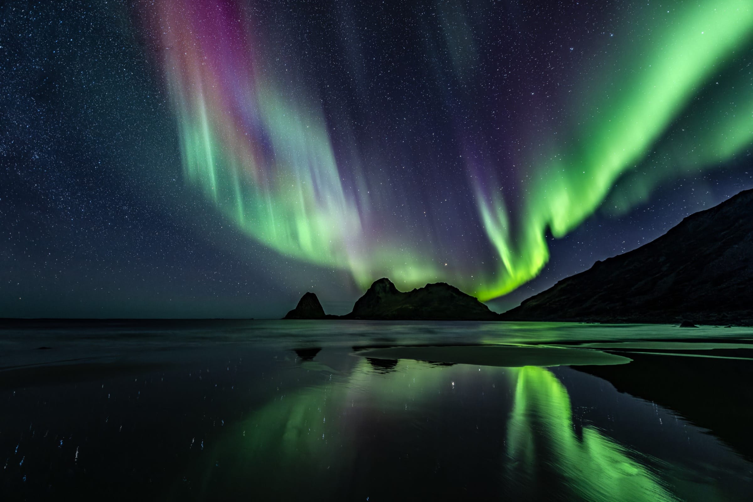 Northern lights in green and violet over a sandy beach in Vesterålen, reflected in the wet sand